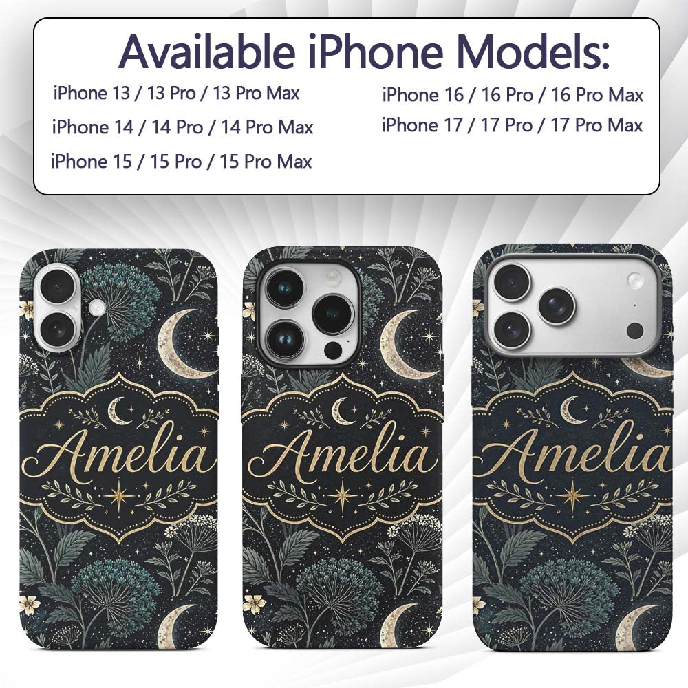 Dark Botanical Moon Stars Night Meadow Seamless Custom Name Protective Phone Case Mobile Cover Durable Everyday Smartphone Shock Resistant