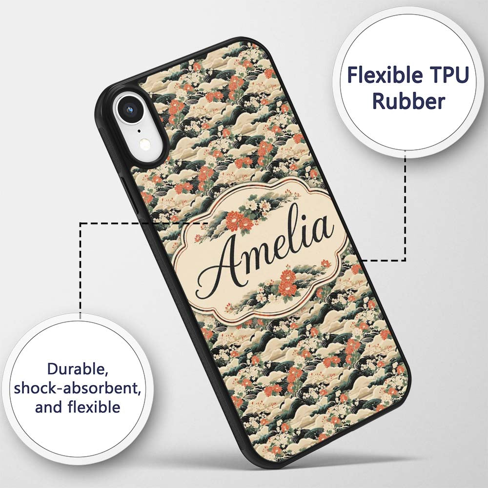 Vintage Floral Waves Chrysanthemum Printed Design Custom Name Protective Phone Case Mobile Cover Durable Everyday Smartphone Shock Resistant