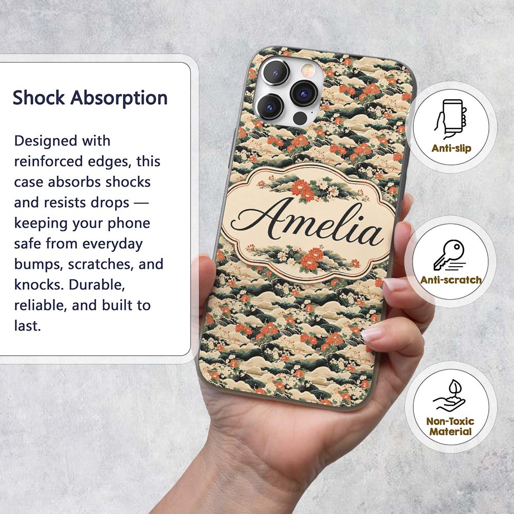 Vintage Floral Waves Chrysanthemum Printed Design Custom Name Protective Phone Case Mobile Cover Durable Everyday Smartphone Shock Resistant