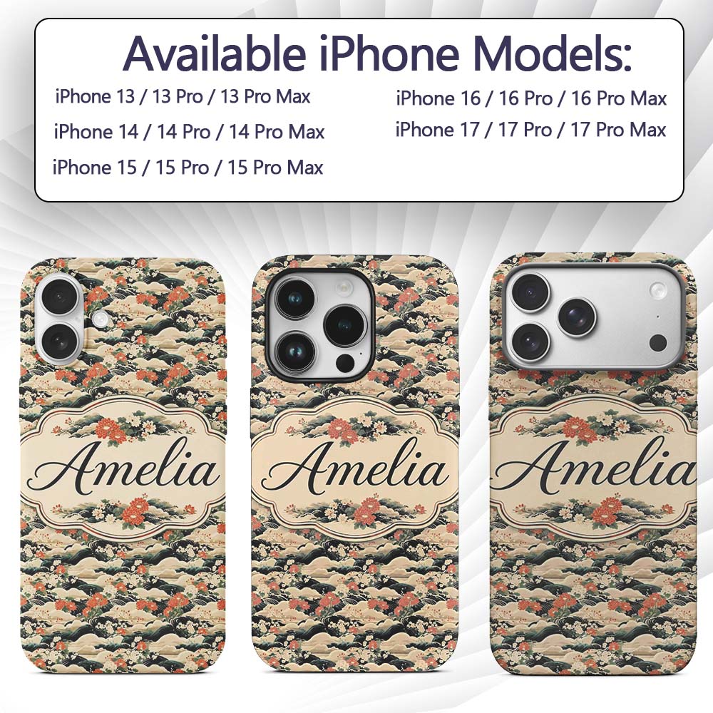 Vintage Floral Waves Chrysanthemum Printed Design Custom Name Protective Phone Case Mobile Cover Durable Everyday Smartphone Shock Resistant