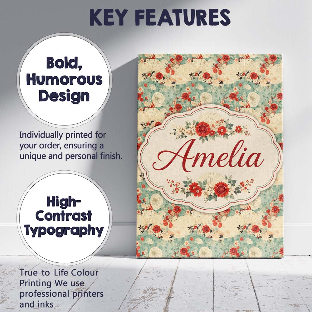 Personalised Name Japanese Fans Floral Custom Modern Room Accent Elegant Feature Canvas Wall Art Print Decor Picture Ready to Hang