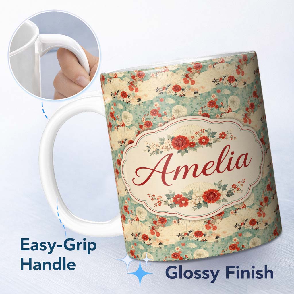 Personalized Custom Name Japanese Fans Floral Blossom Soft Pastel Seamless Pattern Custom 11oz Ceramic Coffee Tea Mug White Large Handle