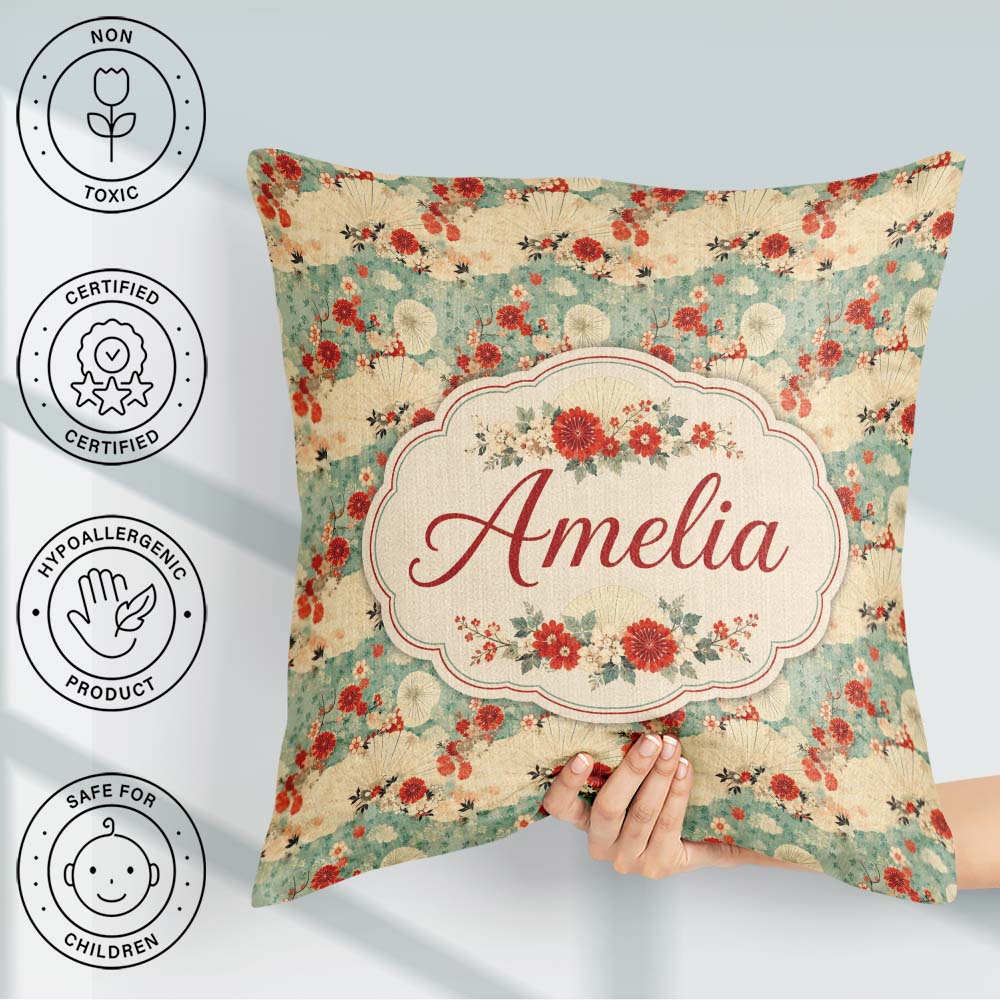 Custom Name Japanese Fans Floral Blossom Pastel Seamless Pattern Square Filled Cushion Throw Pillow Sofa Bed Home Decor Zip Washable UK Made