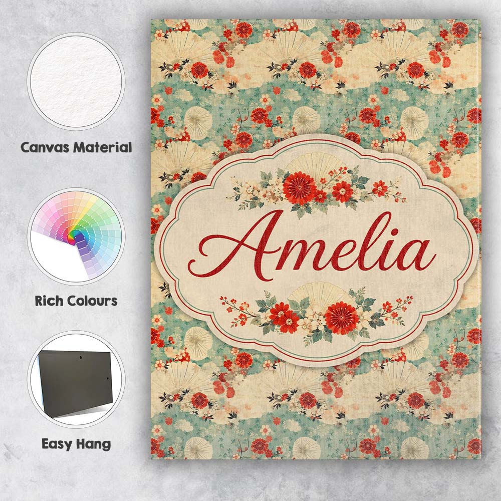 Personalised Name Japanese Fans Floral Custom Modern Room Accent Elegant Feature Canvas Wall Art Print Decor Picture Ready to Hang