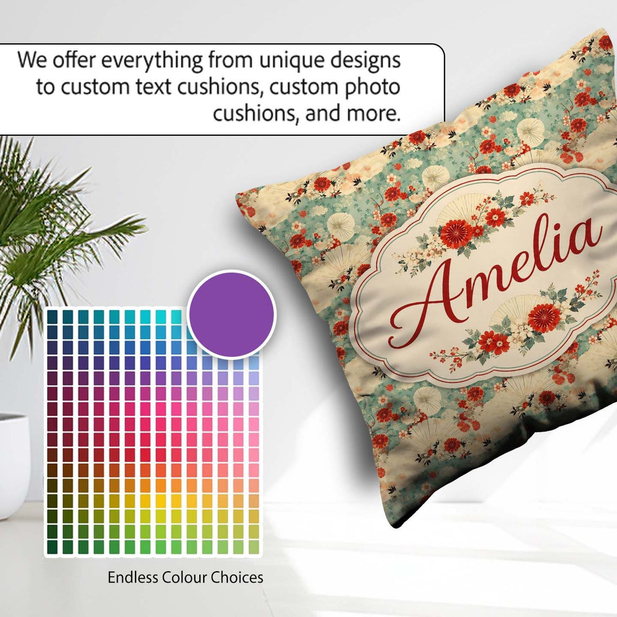 Custom Name Japanese Fans Floral Blossom Pastel Seamless Pattern Square Filled Cushion Throw Pillow Sofa Bed Home Decor Zip Washable UK Made