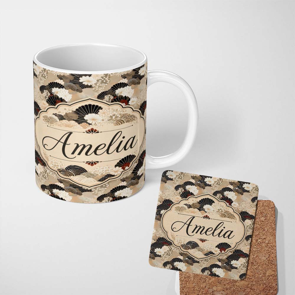 Personalized Custom Name Elegant Gold Black Floral Fan Seamless Pattern Name Cute Unique Gift 11oz Ceramic Coffee Tea Mug White Large Handle
