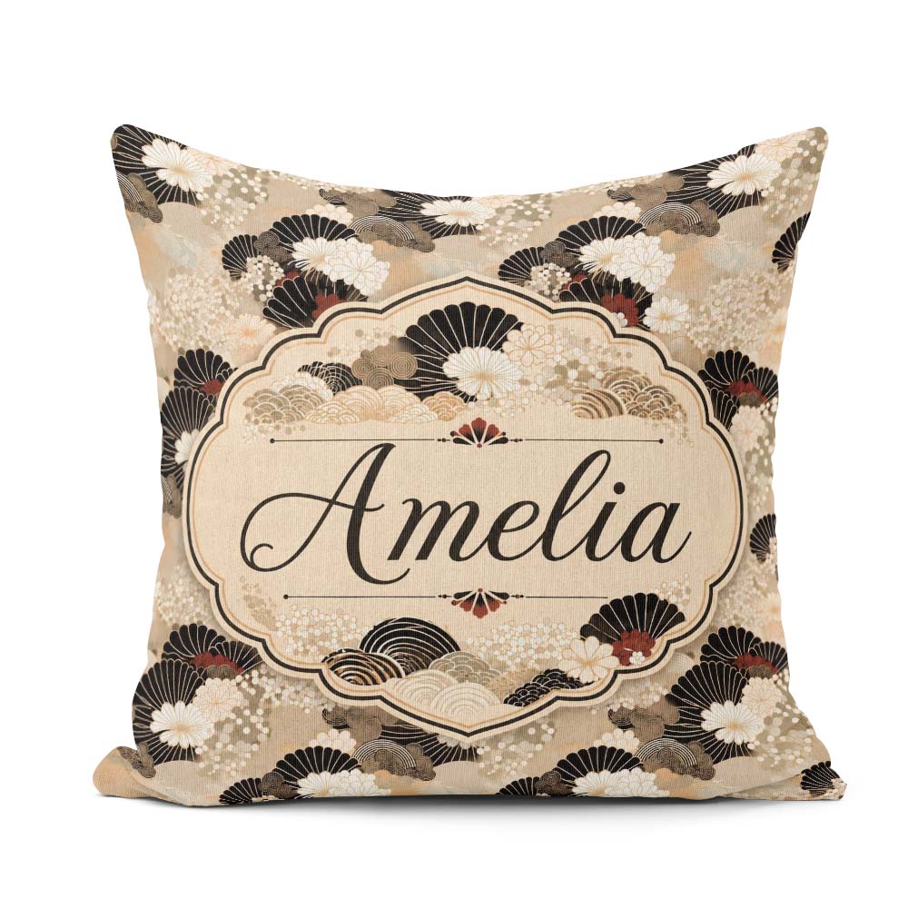 Custom Name Elegant Gold Black Floral Fan Seamless Pattern Name Square Filled Cushion Throw Pillow Sofa Bed Home Decor Zip Washable UK Made