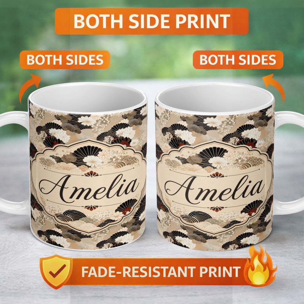 Personalized Custom Name Elegant Gold Black Floral Fan Seamless Pattern Name Cute Unique Gift 11oz Ceramic Coffee Tea Mug White Large Handle