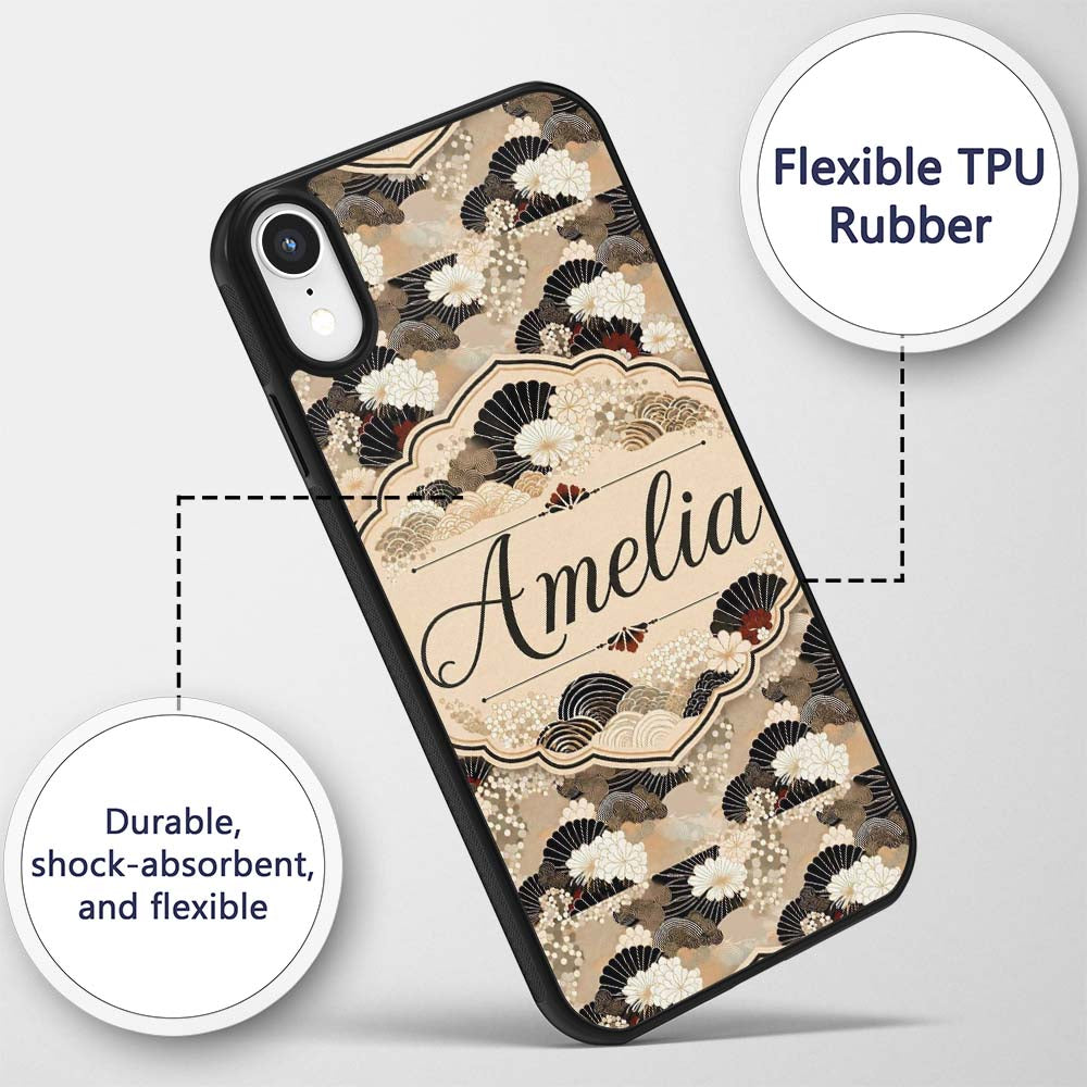 Elegant Gold Black Floral Fan Seamless Pattern Custom Name Protective Phone Case Mobile Cover Durable Everyday Smartphone Shock Resistant