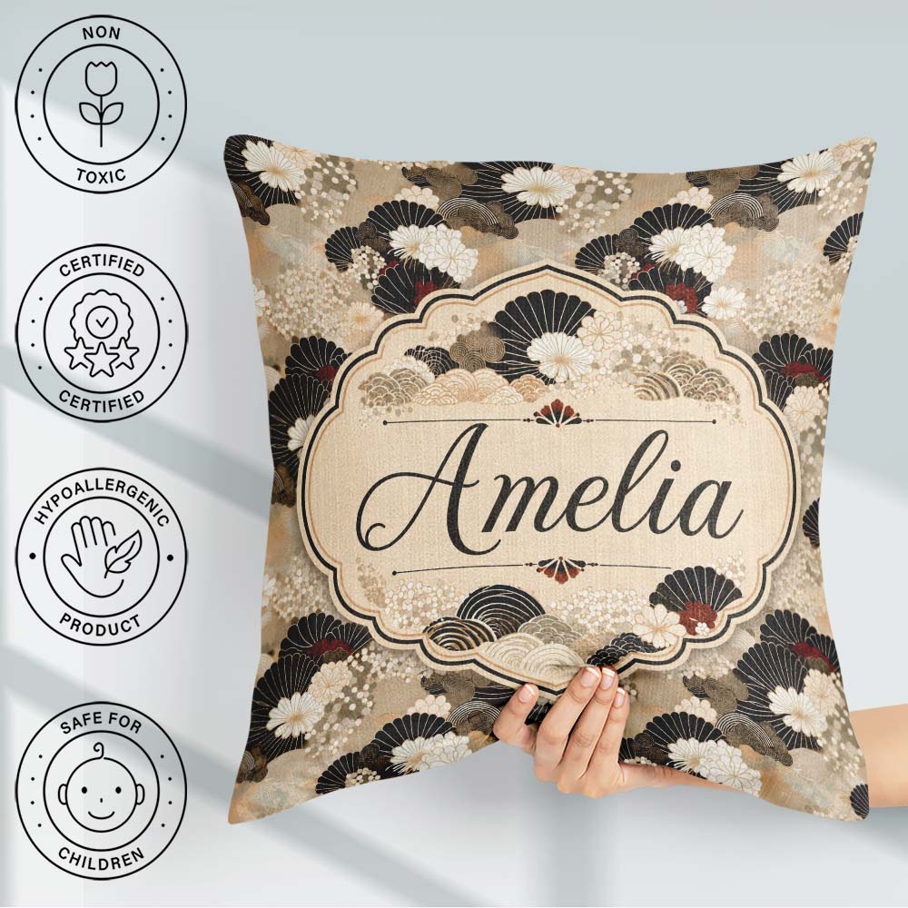 Custom Name Elegant Gold Black Floral Fan Seamless Pattern Name Square Filled Cushion Throw Pillow Sofa Bed Home Decor Zip Washable UK Made