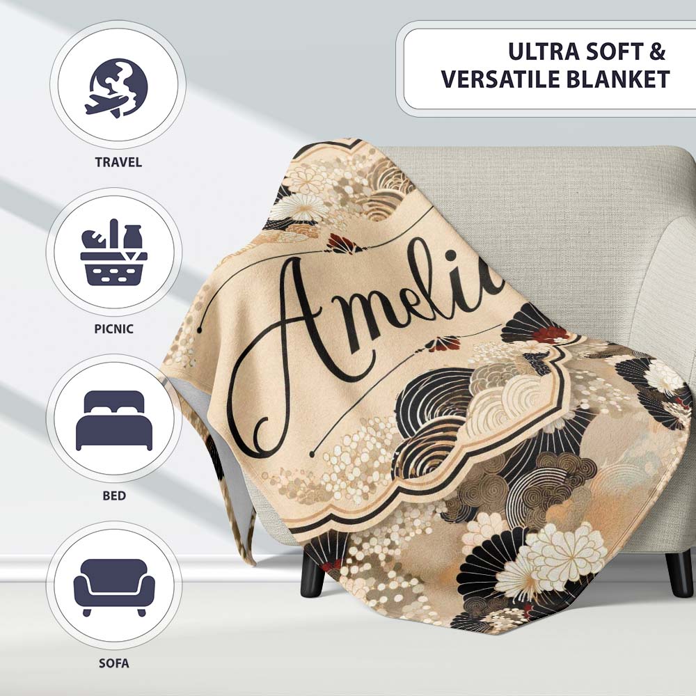 Elegant Gold Black Floral Fan Seamless Pattern Name Cute Unique Gift Personalised Custom Name Super Soft Fleece Blanket Bed Sofa Throw