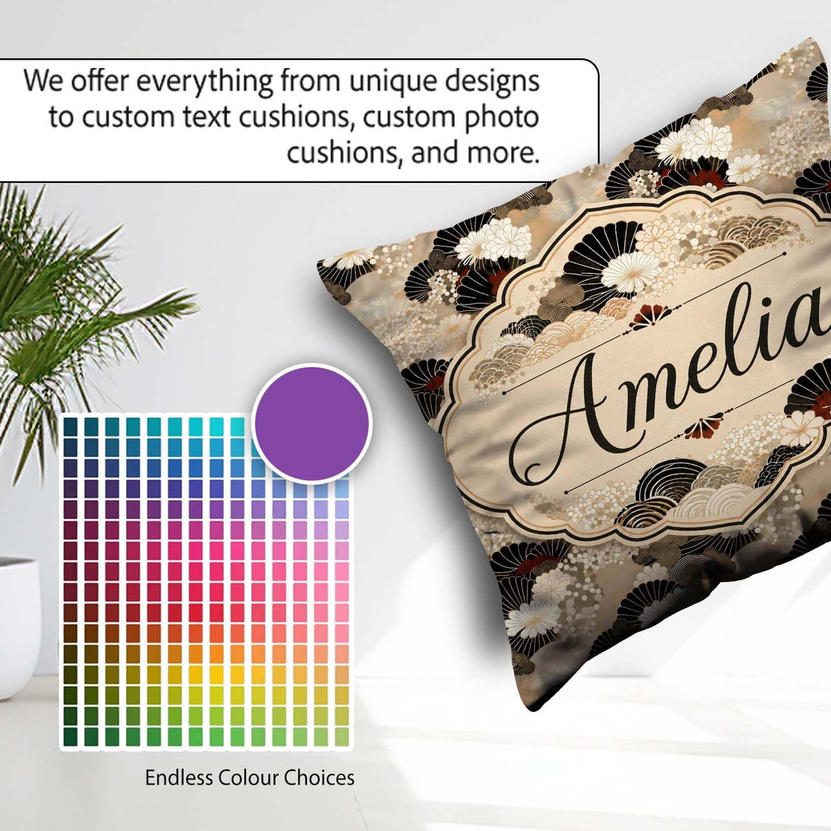 Custom Name Elegant Gold Black Floral Fan Seamless Pattern Name Square Filled Cushion Throw Pillow Sofa Bed Home Decor Zip Washable UK Made