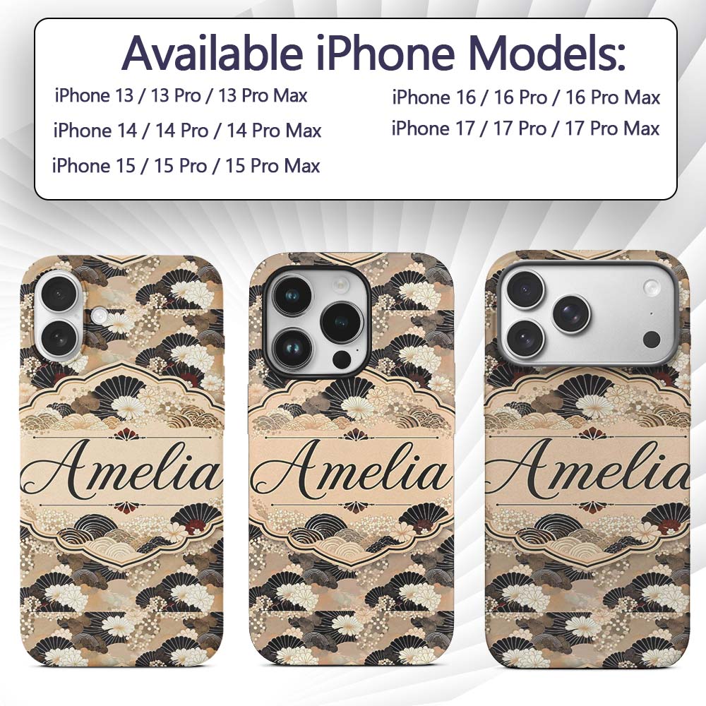 Elegant Gold Black Floral Fan Seamless Pattern Custom Name Protective Phone Case Mobile Cover Durable Everyday Smartphone Shock Resistant