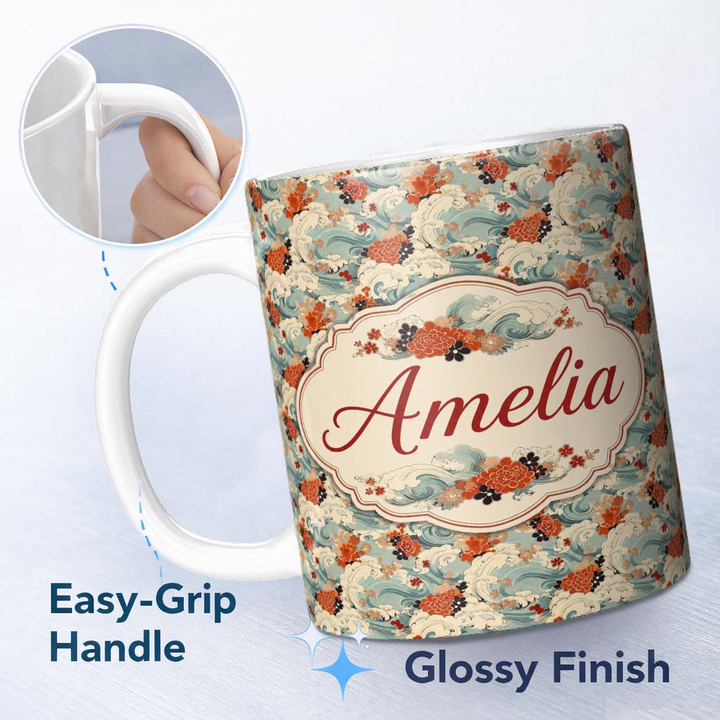 Personalized Custom Name Teal Ocean Waves Floral Japanese Art Seamless Pattern Name Cute 11oz Ceramic Coffee Tea Mug White Large Handle