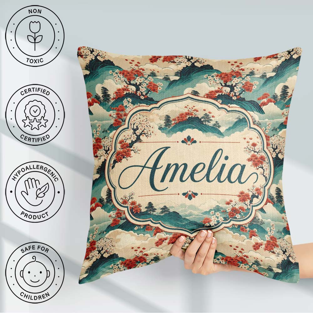 Custom Name Japanese Scenic Mountains Blossom Trees Pattern Name Square Filled Cushion Throw Pillow Sofa Bed Home Decor Zip Washable UK Made