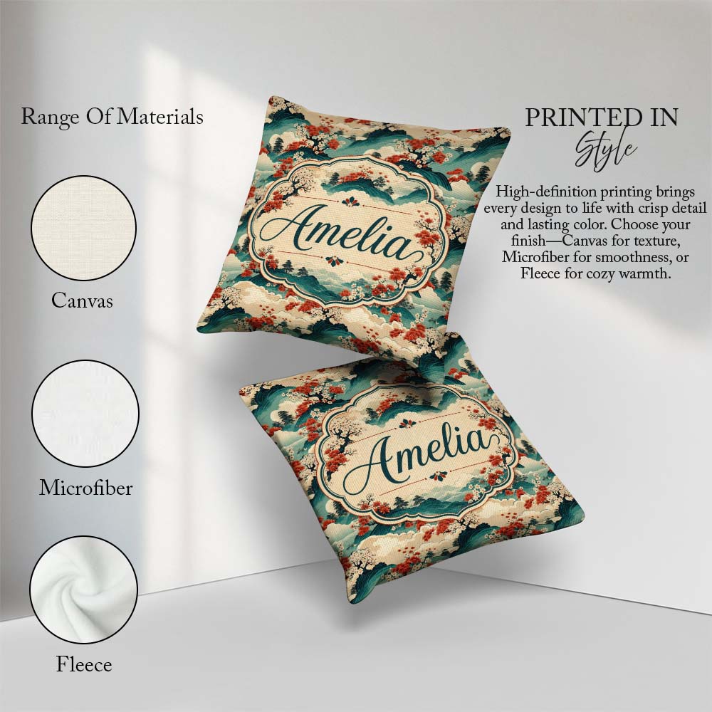 Custom Name Japanese Scenic Mountains Blossom Trees Pattern Name Square Filled Cushion Throw Pillow Sofa Bed Home Decor Zip Washable UK Made