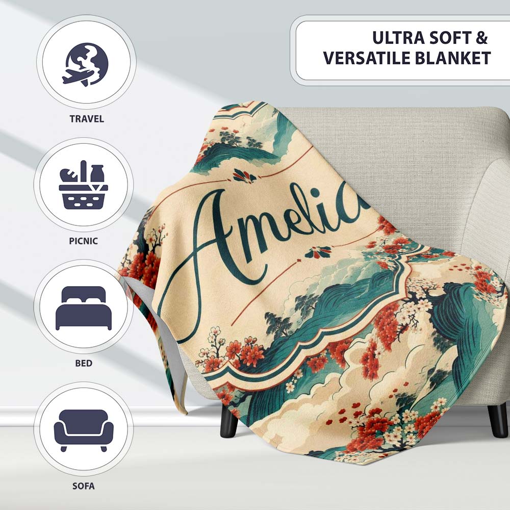 Japanese Scenic Mountains Blossom Trees Seamless Pattern Name Cute Personalised Custom Name Super Soft Fleece Blanket Bed Sofa Throw