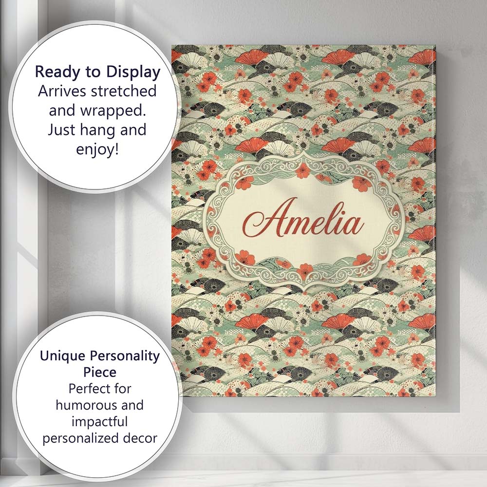 Personalised Name Japanese Fans Sakura Custom Modern Room Accent Elegant Feature Canvas Wall Art Print Decor Picture Ready to Hang