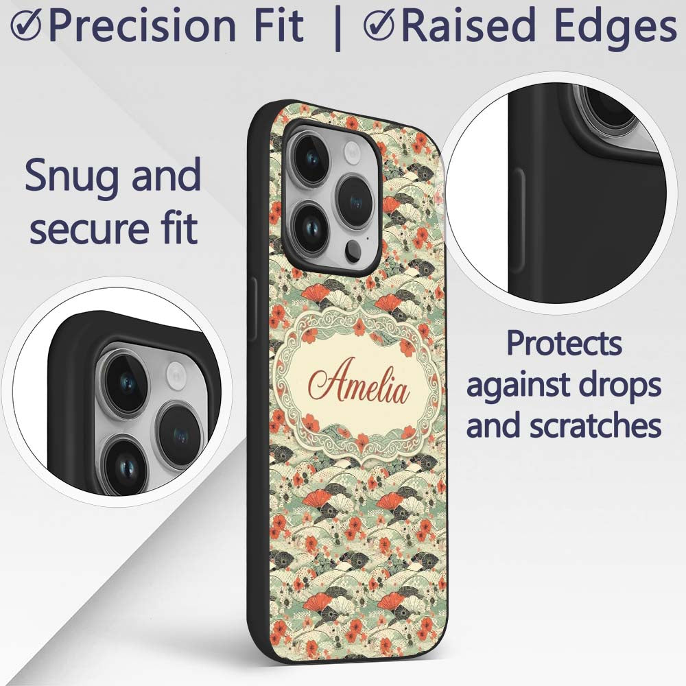 Japanese Fans Sakura Floral Wave Seamless Pattern Custom Name Protective Phone Case Mobile Cover Durable Everyday Smartphone Shock Resistant