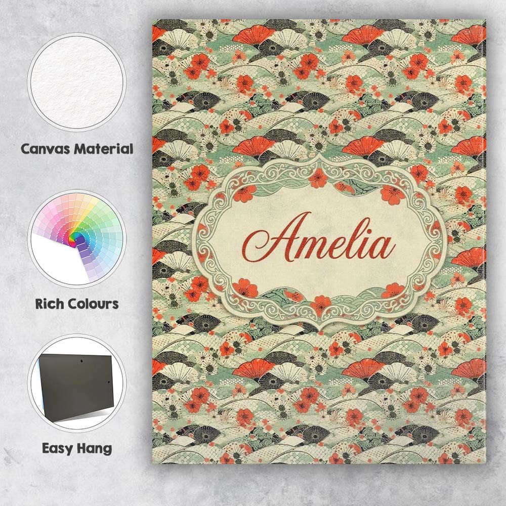 Personalised Name Japanese Fans Sakura Custom Modern Room Accent Elegant Feature Canvas Wall Art Print Decor Picture Ready to Hang