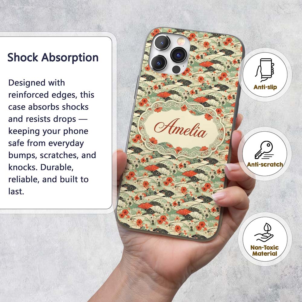 Japanese Fans Sakura Floral Wave Seamless Pattern Custom Name Protective Phone Case Mobile Cover Durable Everyday Smartphone Shock Resistant