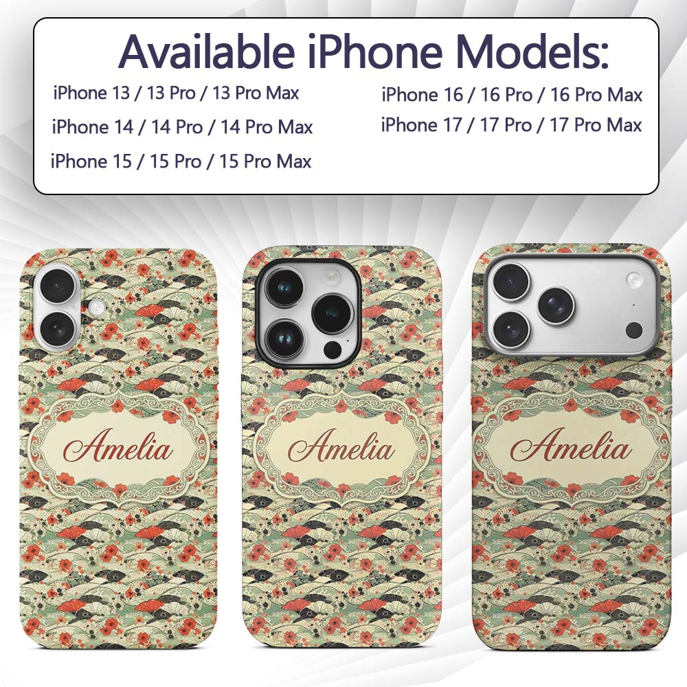 Japanese Fans Sakura Floral Wave Seamless Pattern Custom Name Protective Phone Case Mobile Cover Durable Everyday Smartphone Shock Resistant