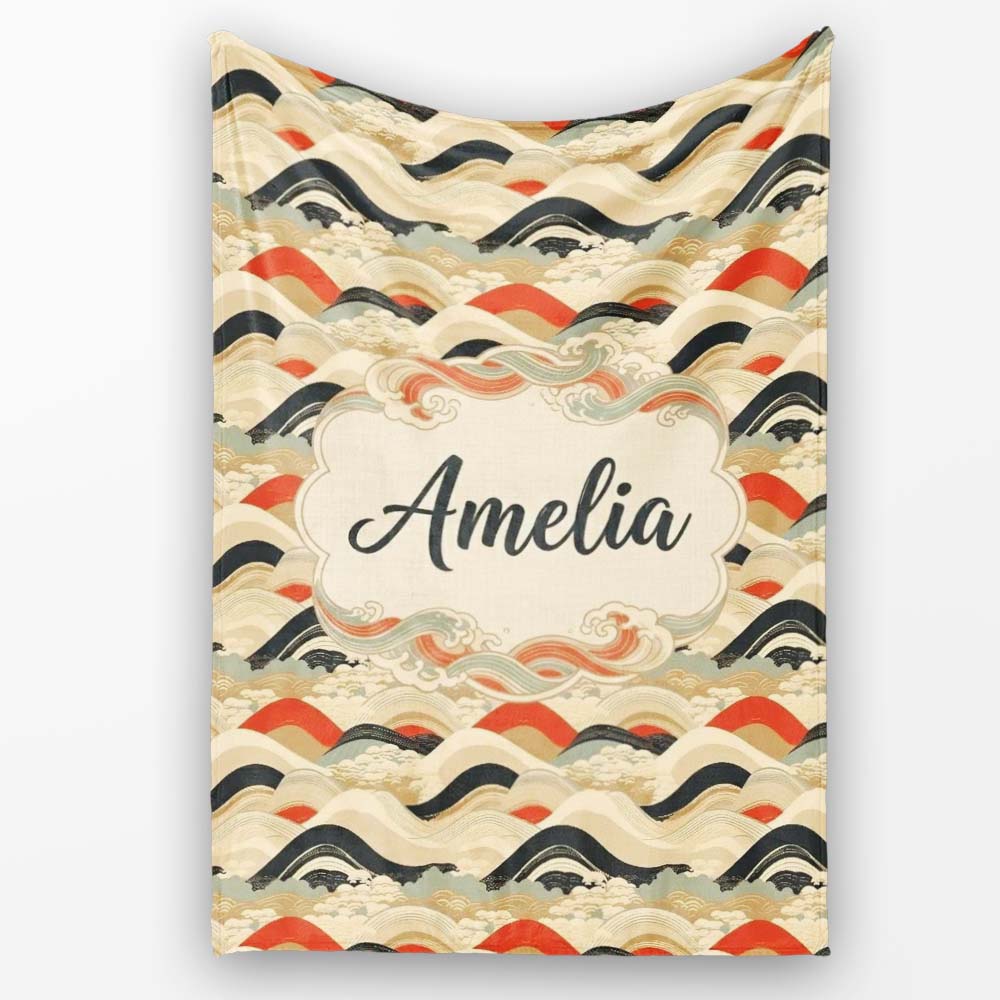 Abstract Japanese Layered Waves Earth Tone Seamless Pattern Name Personalised Custom Name Super Soft Fleece Blanket Bed Sofa Throw