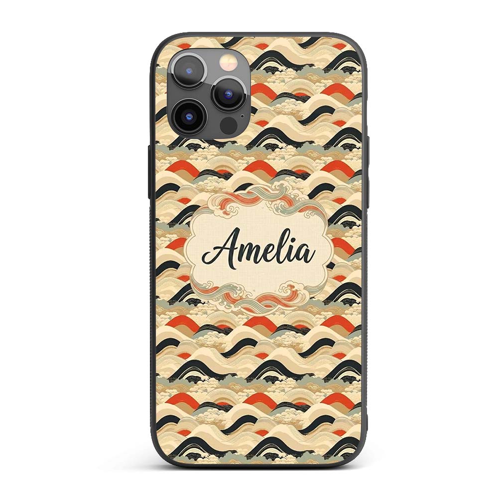 Abstract Japanese Layered Waves Printed Design Custom Name Protective Phone Case Mobile Cover Durable Everyday Smartphone Shock Resistant