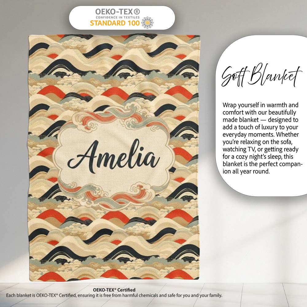 Abstract Japanese Layered Waves Earth Tone Seamless Pattern Name Personalised Custom Name Super Soft Fleece Blanket Bed Sofa Throw
