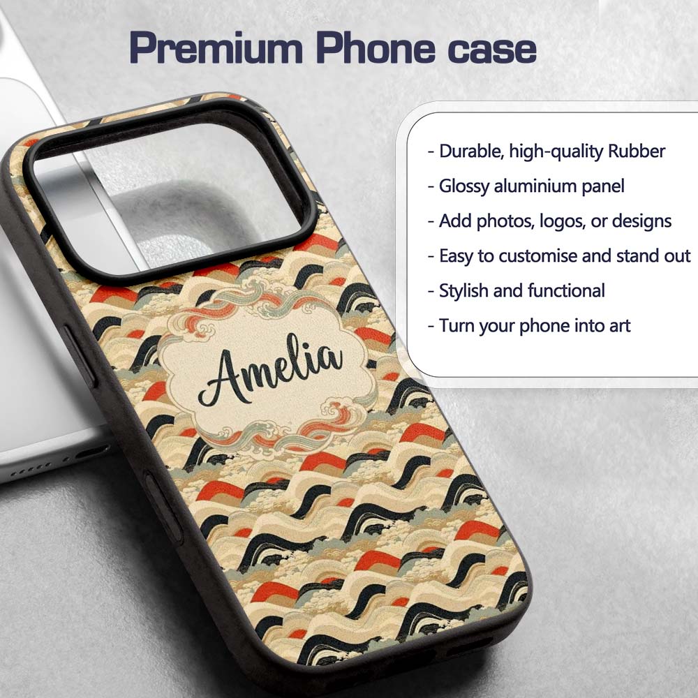 Abstract Japanese Layered Waves Printed Design Custom Name Protective Phone Case Mobile Cover Durable Everyday Smartphone Shock Resistant