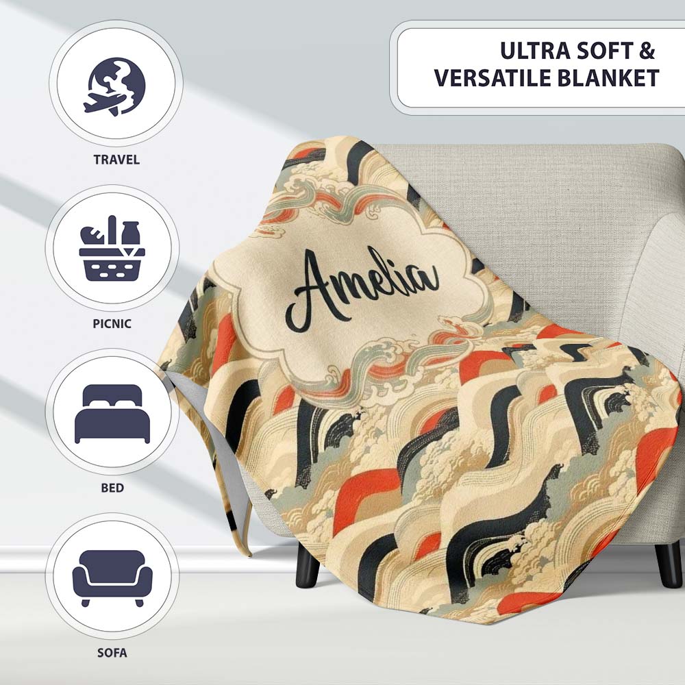 Abstract Japanese Layered Waves Earth Tone Seamless Pattern Name Personalised Custom Name Super Soft Fleece Blanket Bed Sofa Throw