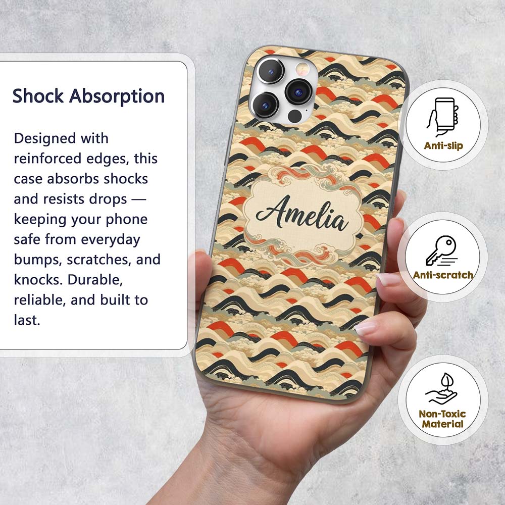 Abstract Japanese Layered Waves Printed Design Custom Name Protective Phone Case Mobile Cover Durable Everyday Smartphone Shock Resistant