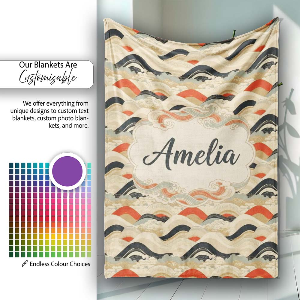 Abstract Japanese Layered Waves Earth Tone Seamless Pattern Name Personalised Custom Name Super Soft Fleece Blanket Bed Sofa Throw