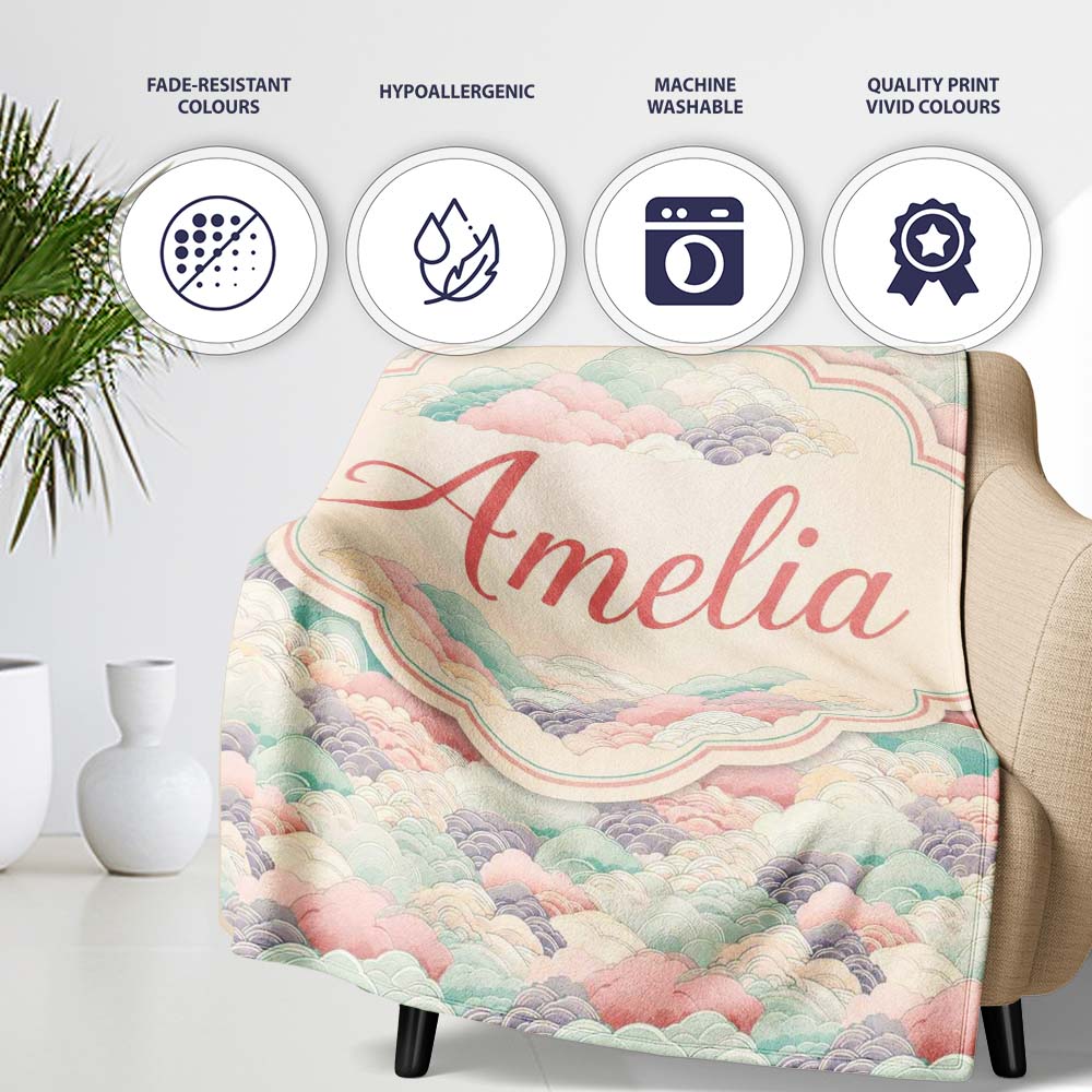 Soft Pastel Cloud Waves Japanese Style Seamless Pattern Name Cute Personalised Custom Name Super Soft Fleece Blanket Bed Sofa Throw