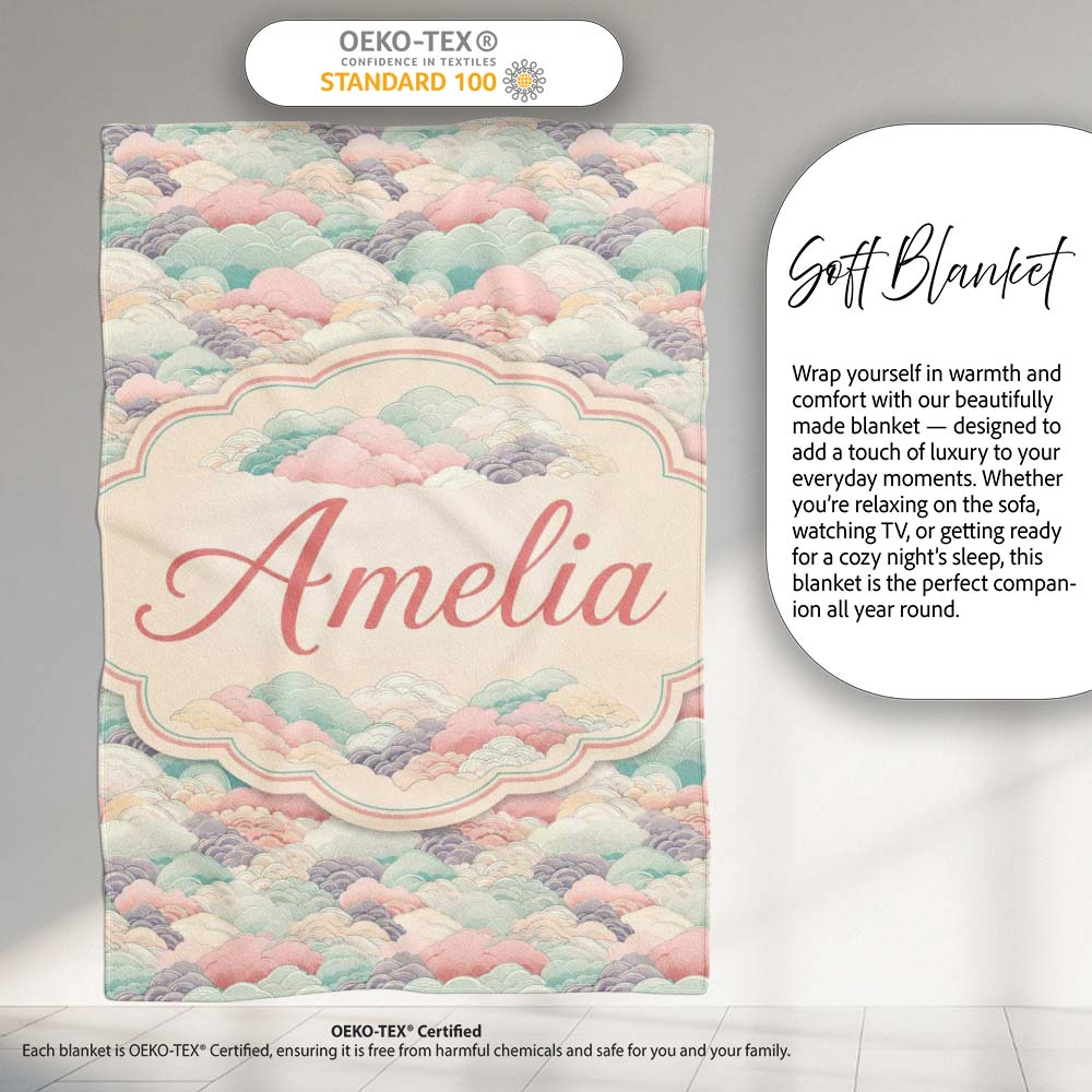 Soft Pastel Cloud Waves Japanese Style Seamless Pattern Name Cute Personalised Custom Name Super Soft Fleece Blanket Bed Sofa Throw