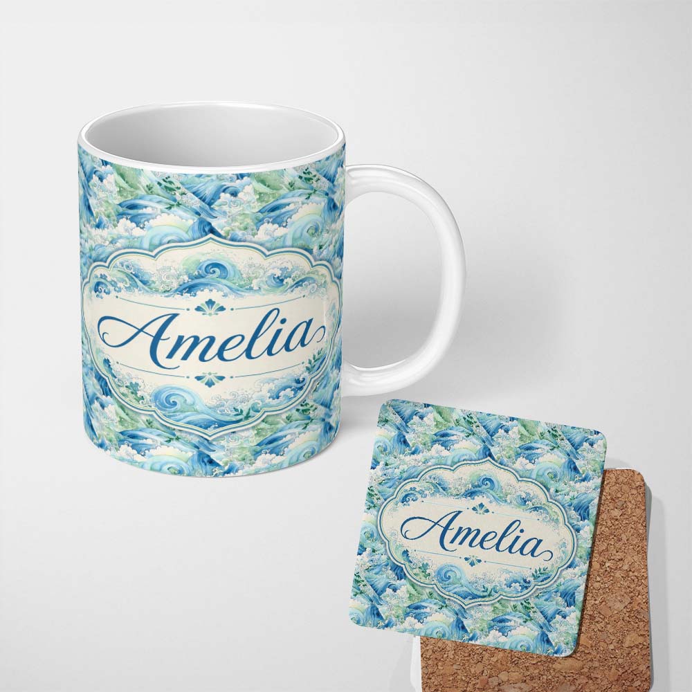 Personalized Custom Name Blue Ocean Waves Artistic Water Seamless Pattern Name Cute Unique 11oz Ceramic Coffee Tea Mug White Large Handle