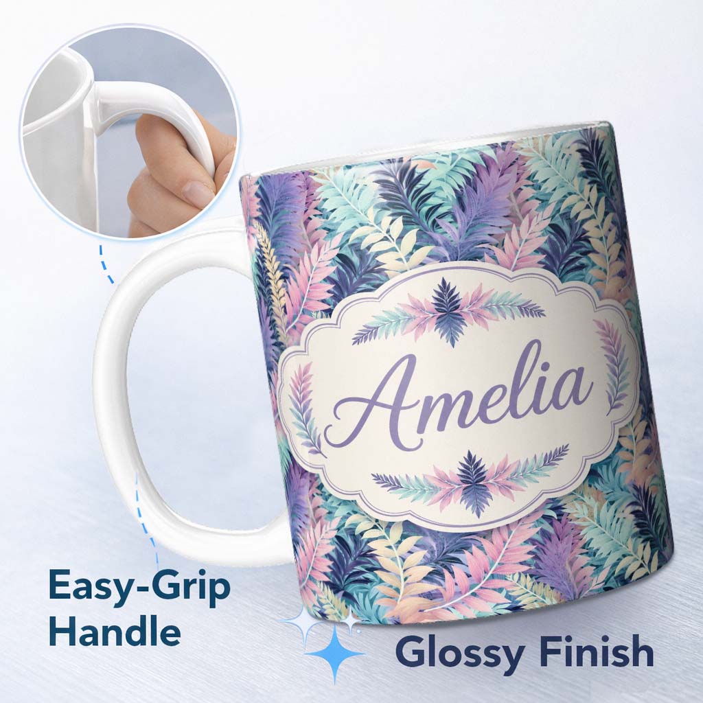 Personalized Custom Name Pastel Multicolour Tropical Leaves Seamless Pattern Cute Unique Gift 11oz Ceramic Coffee Tea Mug White Large Handle