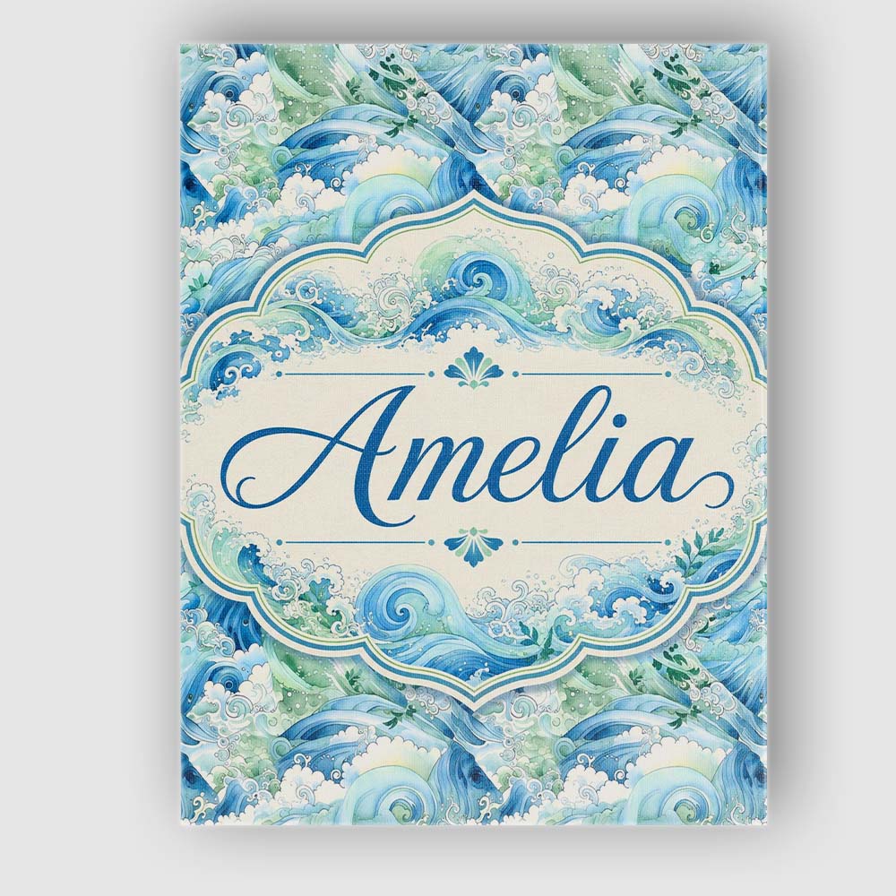 Personalised Name Blue Ocean Waves Artistic Custom Bespoke Interior Contemporary Canvas Wall Art Print Decor Picture Ready to Hang