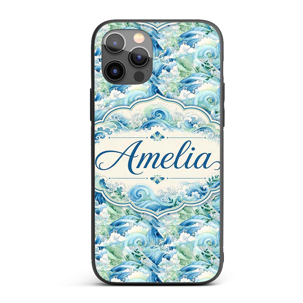 Blue Ocean Waves Artistic Water Seamless Pattern Custom Name Protective Phone Case Mobile Cover Durable Everyday Smartphone Shock Resistant