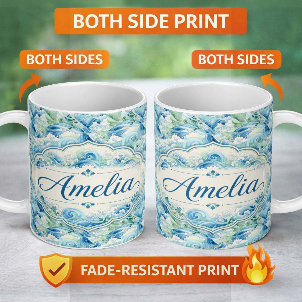 Personalized Custom Name Blue Ocean Waves Artistic Water Seamless Pattern Name Cute Unique 11oz Ceramic Coffee Tea Mug White Large Handle