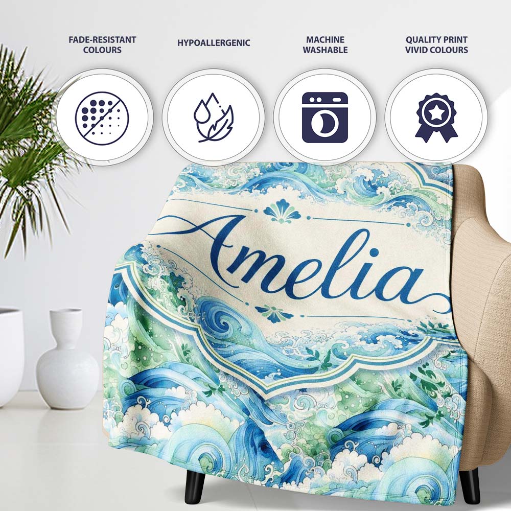 Blue Ocean Waves Artistic Water Seamless Pattern Name Cute Unique Personalised Custom Name Super Soft Fleece Blanket Bed Sofa Throw