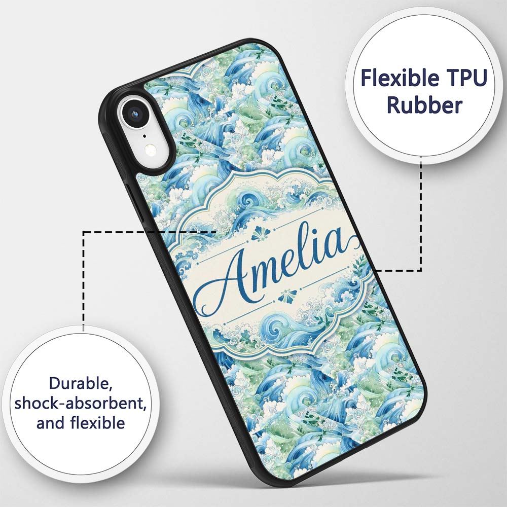 Blue Ocean Waves Artistic Water Seamless Pattern Custom Name Protective Phone Case Mobile Cover Durable Everyday Smartphone Shock Resistant