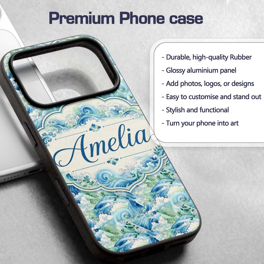 Blue Ocean Waves Artistic Water Seamless Pattern Custom Name Protective Phone Case Mobile Cover Durable Everyday Smartphone Shock Resistant
