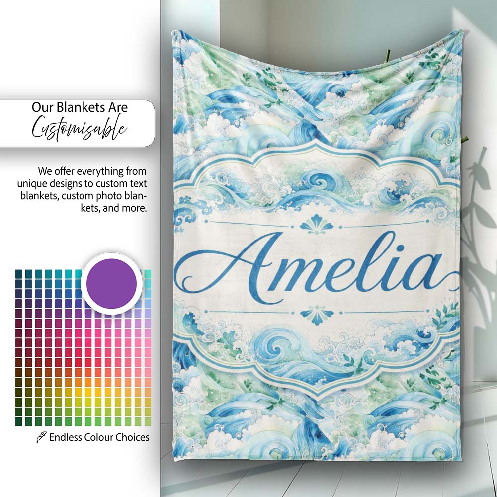Blue Ocean Waves Artistic Water Seamless Pattern Name Cute Unique Personalised Custom Name Super Soft Fleece Blanket Bed Sofa Throw