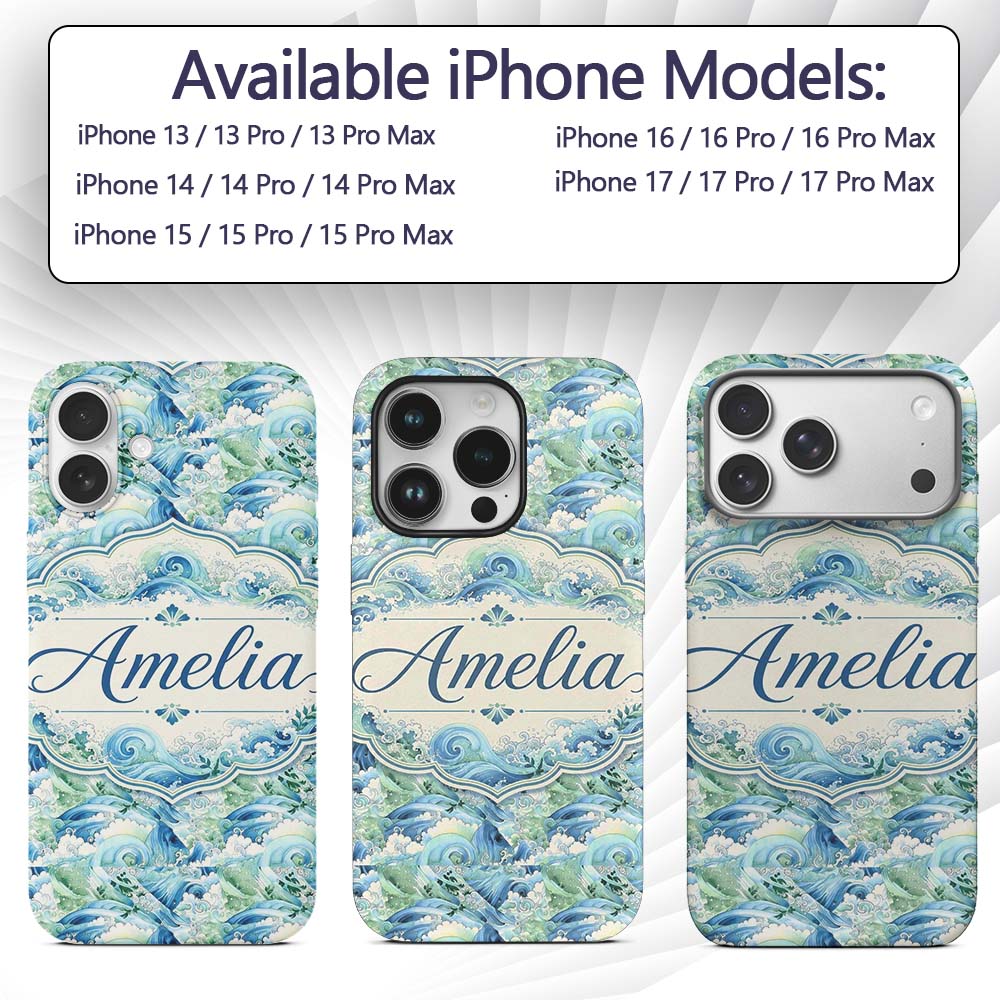 Blue Ocean Waves Artistic Water Seamless Pattern Custom Name Protective Phone Case Mobile Cover Durable Everyday Smartphone Shock Resistant