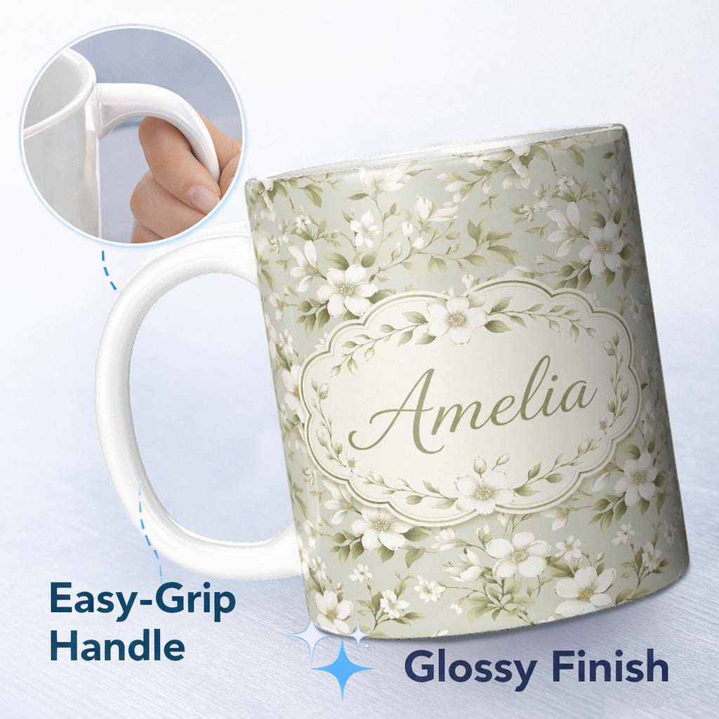 Personalized Custom Name Classic White Flower Botanical Pattern Soft Green Background Lovely 11oz Ceramic Coffee Tea Mug White Large Handle
