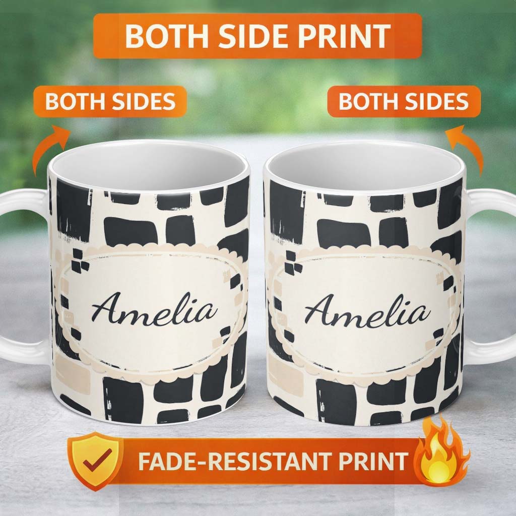 Personalized Custom Name Painterly Block Shapes Black Beige Modern Abstract Pattern Lovely 11oz Ceramic Coffee Tea Mug White Large Handle