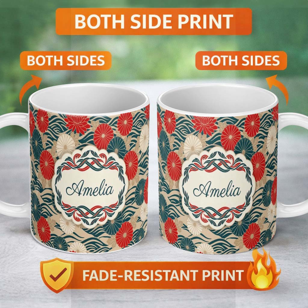 Personalized Custom Name Vintage Floral Japanese Blossom Pattern Seamless Name Cute Unique 11oz Ceramic Coffee Tea Mug White Large Handle