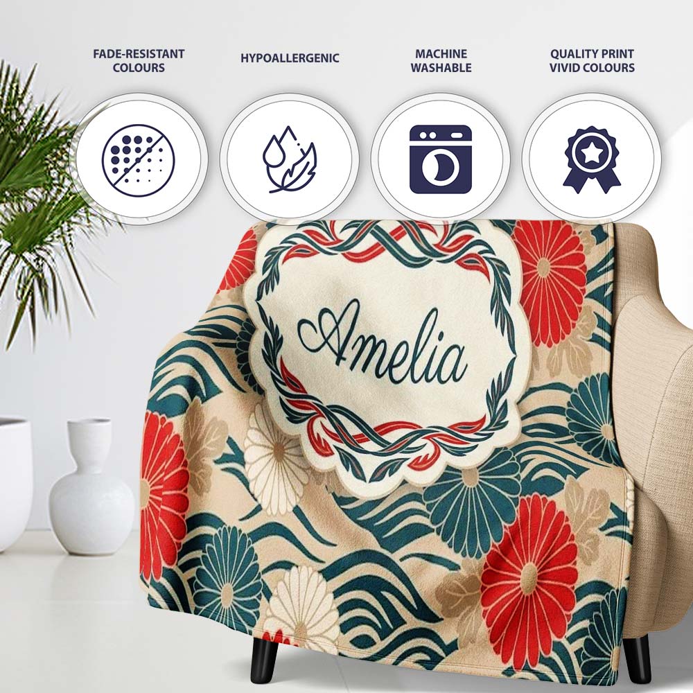 Vintage Floral Japanese Blossom Pattern Seamless Name Cute Unique Personalised Custom Name Super Soft Fleece Blanket Bed Sofa Throw