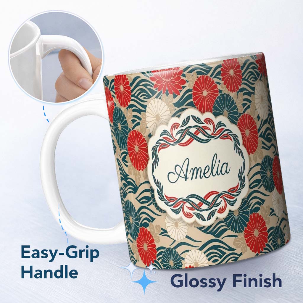 Personalized Custom Name Vintage Floral Japanese Blossom Pattern Seamless Name Cute Unique 11oz Ceramic Coffee Tea Mug White Large Handle